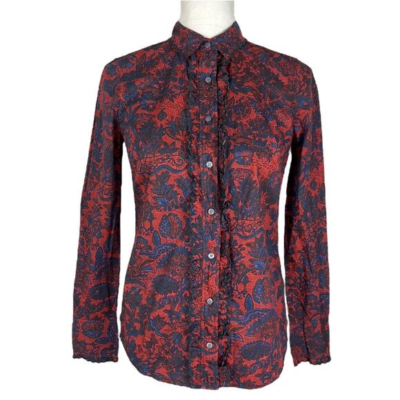 J. Crew Collection Scallop Ruffle Perfect Shirt Poinsettia Paisley Slim Size 0 - Picture 4 of 10